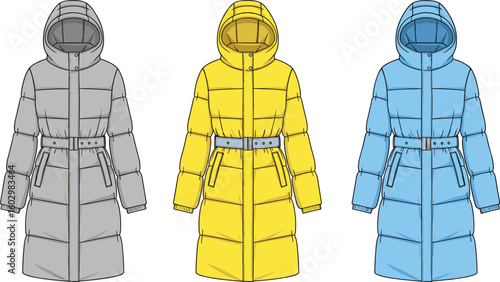 CAD drawing flat vector illustration of women belted puffer coat with hood, winter jacket technical fashion sketch design