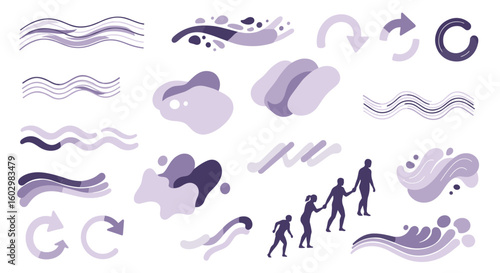 Collection of abstract shapes and wavy lines in shades of purple with a family climbing up a slope