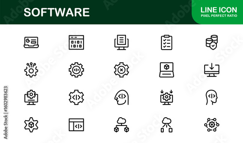 Software solutions visualized in bold style – Professional vector line icon set featuring coding, development, cloud, cybersecurity, UI, DevOps, API, SaaS