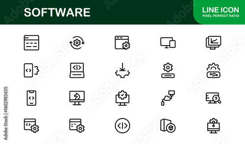 Software solutions visualized in bold style – Professional vector line icon set featuring coding, development, cloud, cybersecurity, UI, DevOps, API, SaaS