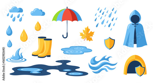 Illustration of rainy weather elements including umbrella boots raincoats and water puddles and droplets
