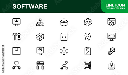 Software solutions visualized in bold style – Professional vector line icon set featuring coding, development, cloud, cybersecurity, UI, DevOps, API, SaaS