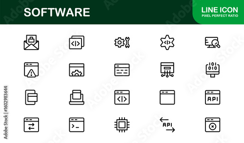 Software solutions visualized in bold style – Professional vector line icon set featuring coding, development, cloud, cybersecurity, UI, DevOps, API, SaaS