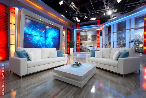 Modern tv studio interior with white sofas and blue accents