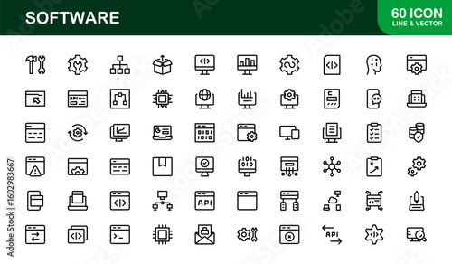 Software solutions visualized in bold style – Professional vector line icon set featuring coding, development, cloud, cybersecurity, UI, DevOps, API, SaaS