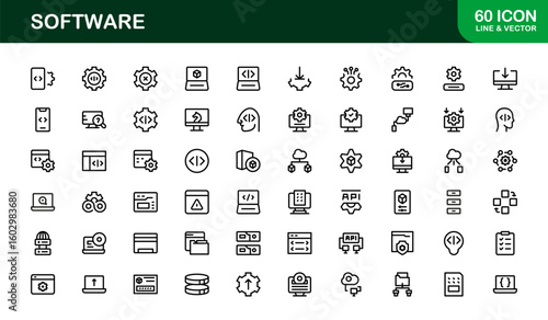 Software solutions visualized in bold style – Professional vector line icon set featuring coding, development, cloud, cybersecurity, UI, DevOps, API, SaaS