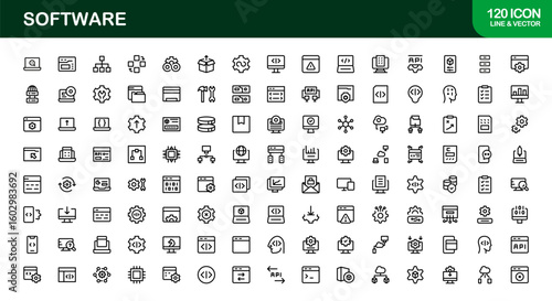 Software solutions visualized in bold style – Professional vector line icon set featuring coding, development, cloud, cybersecurity, UI, DevOps, API, SaaS