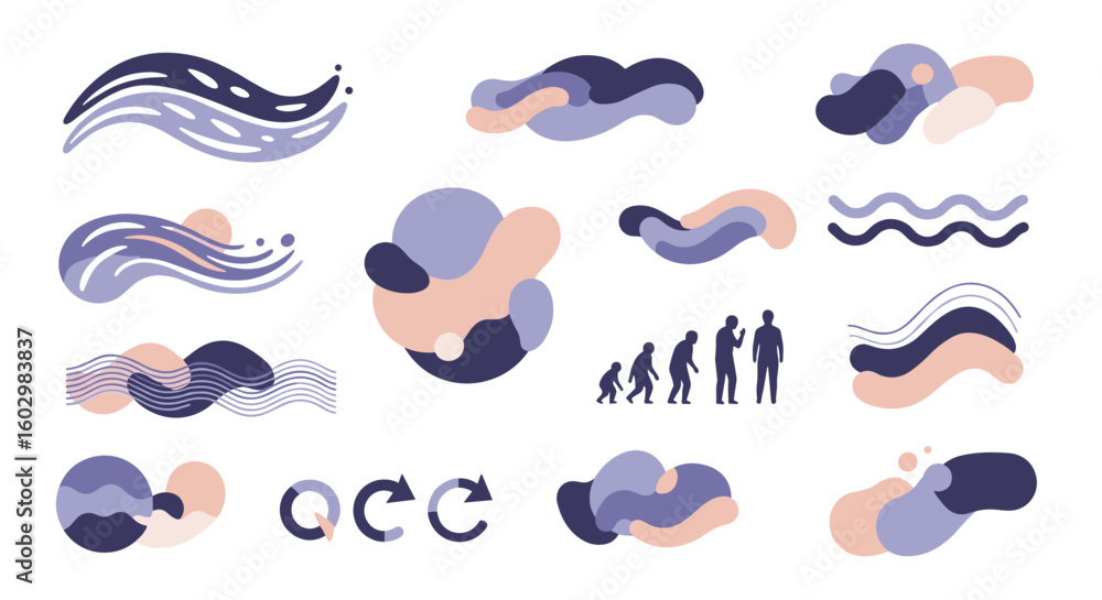 Fototapeta premium Collection of abstract shapes waves evolution and qcc symbols in pastel and dark blue colors on white