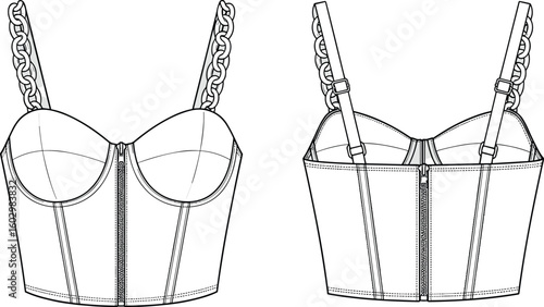 CAD drawing flat vector illustration of women bustier top, fashion technical sketch, chain strap crop top with zipper front