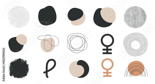 Collection of abstract shapes including circles lines and venus symbols in neutral tones art piece