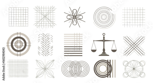 Collection of fifteen abstract designs featuring geometric shapes lines and a scale of justice illustration