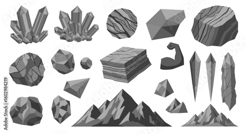 Illustration of various gray scale rock formations crystals and a flexing arm on a white background