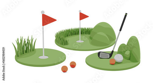 Three miniature golf course setups with red flags golf balls and clubs on green circular bases