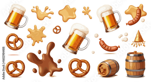 A collection of beer mugs pretzels sausages beer spills and wooden barrels arranged randomly on white