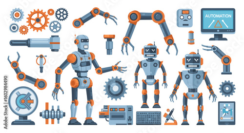 Illustration of various robots robot arms gears and automation equipment on a white background scene view