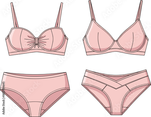 CAD drawing flat vector illustration of women lingerie set bra and panties front technical fashion sketch template detailed design