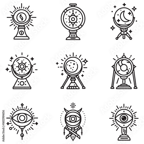 Vector illustration of esoteric crystal balls and mystic eye symbols in minimalist style