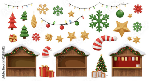 Illustration of christmas market stalls with decorations and christmas ornaments on a white background