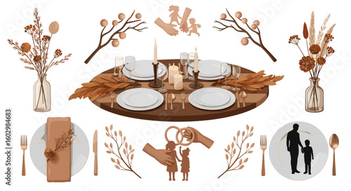 A table setting with plates silverware candles and decorative elements in a warm neutral color palette