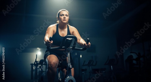 A powerful, cinematic, low-angle shot of a determined plus-size woman working out on a stationary bike in a gym.
