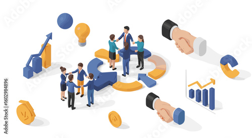 Isometric illustration of business team collaborating around a circular arrow with handshake and chart