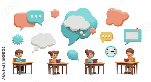 Students in classroom with desks reading books and colorful speech bubbles above them in a school scene