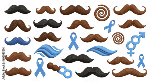 Collection of mustaches in various shapes and colors with awareness ribbons and gender symbols arranged