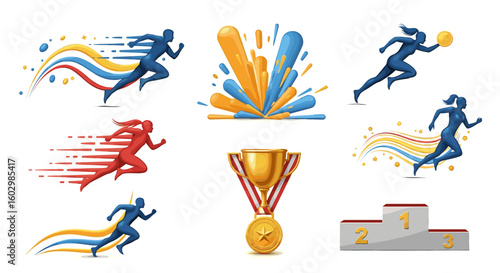 Collection of running figures with colorful streaks, abstract shapes, trophy, and podium illustration