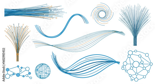 Illustration showing abstract blue lines and network diagrams on a white background design elements