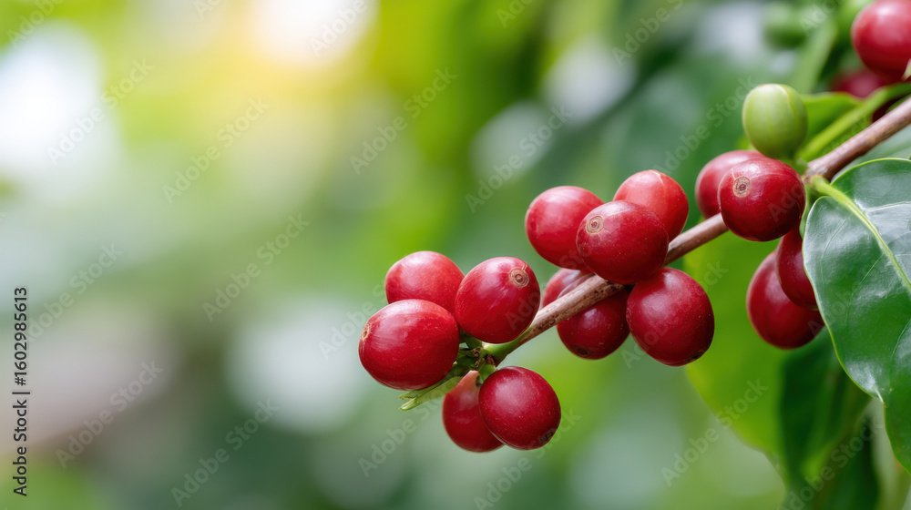 Vibrant close up of coffee plant branch with fresh, ripe red coffee cherry. An agricultural view of bean on farm with green leaf background and natural sunlight Vibrant close up of coffee plant branch with fresh, ripe red coffee cherry. An agricultural view of bean on farm with green leaf background and natural sunlight