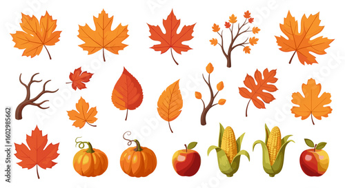 Collection of autumn elements including maple leaves pumpkins corn and apples in warm fall colors