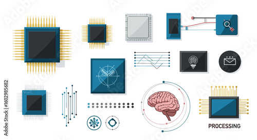 Illustration of computer chips brain diagrams and other tech icons on a white background layout design