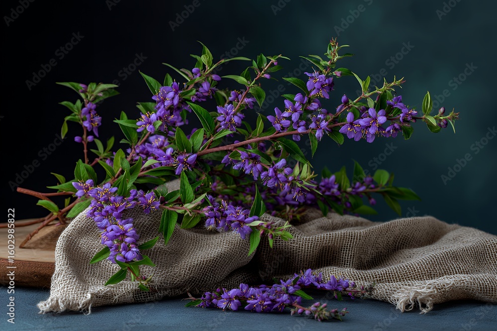Fototapeta premium Vibrant purple flowers on burlap with dark background