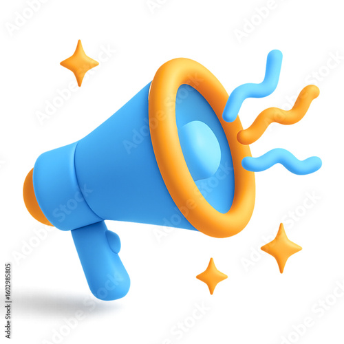 3d blue megaphone with orange accents and stars isolated on transparent background