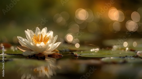 Delicate white water lily in tranquil pond setting.
