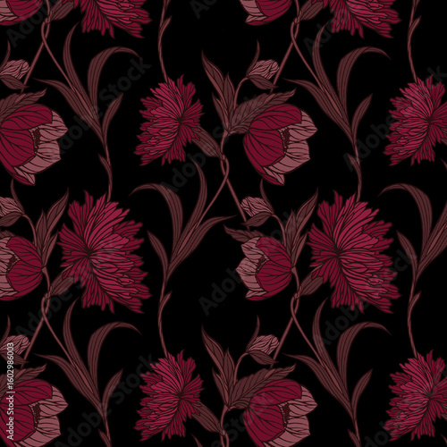 A dramatic seamless pattern showcasing bold, stylized floral elements in vibrant ruby red, deep crimson, and soft blush, strikingly set against a rich, deep black background. This design creates a lux