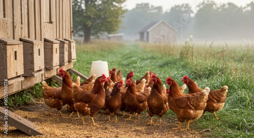 Range Hens Feeding and Walking Around a Rustic Wooden Chicken Coop