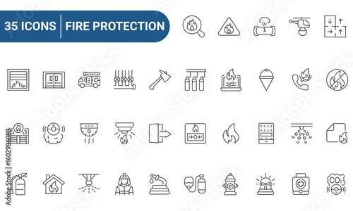Fire Protection set of web icons in line or outline style. Icons for web and mobile app. Outline icons collection. Editable Stroke. Vector illustration.