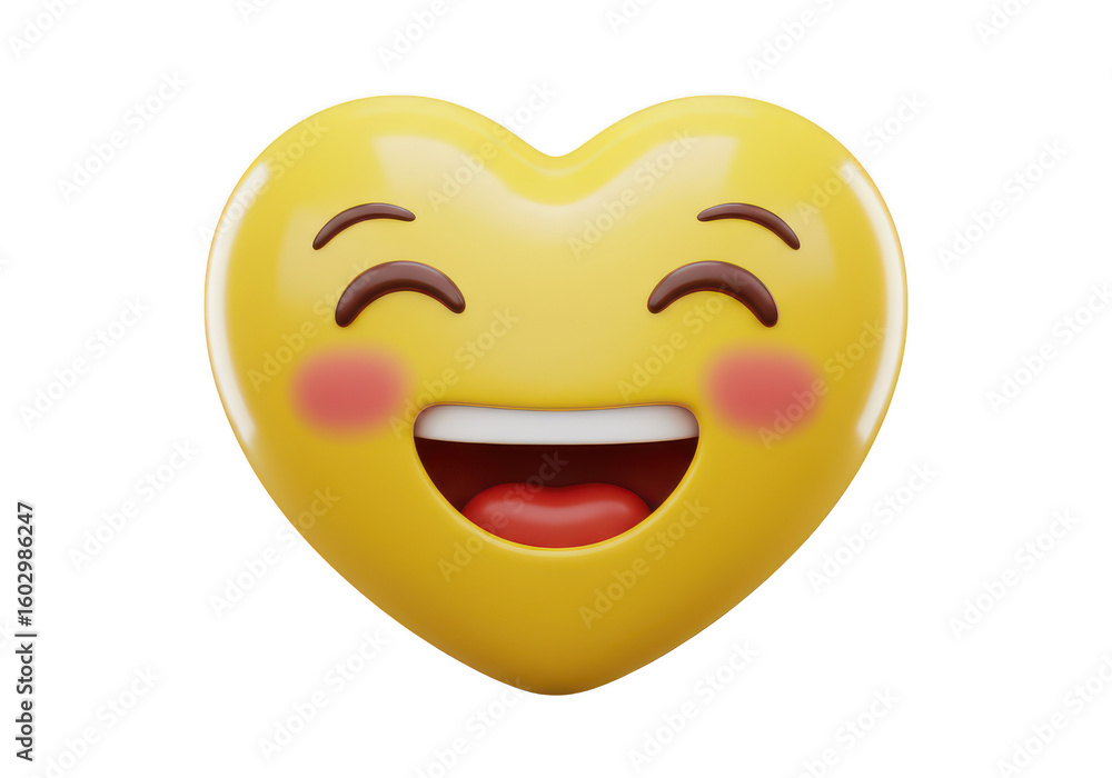 Fototapeta premium Happy yellow heart shaped emoji with smiling face and blushing cheeks isolated on transparent background