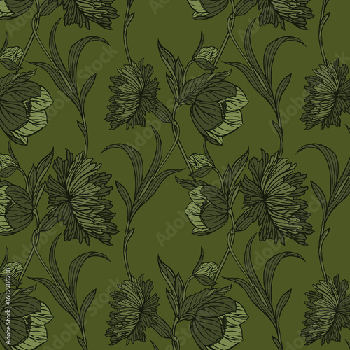  serene seamless pattern featuring graceful floral and leafy illustrations in harmonious shades of sage green, olive, and soft cream, beautifully integrated with a calming olive green background. This