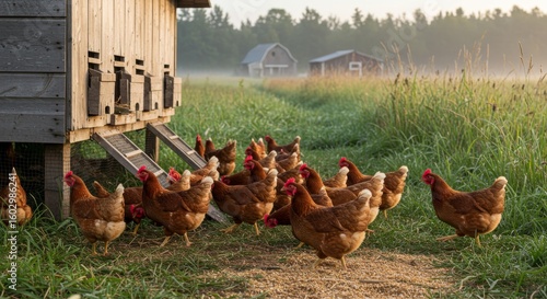 Range Hens Feeding and Walking Around a Rustic Wooden Chicken Coop