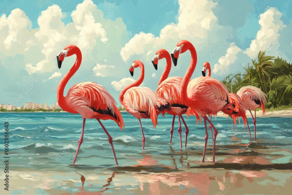 Obraz premium A vibrant flock of pink flamingos wades in the shallow water along a tropical beach