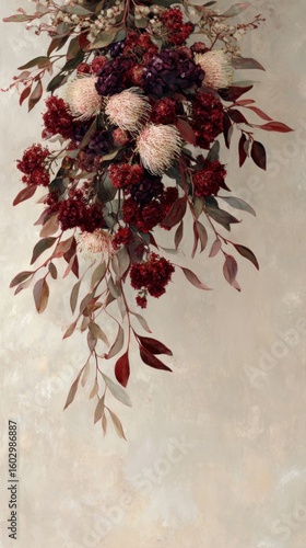 A bouquet of dried flowers in shades of burgundy and blush.