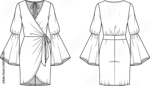 CAD drawing flat vector illustration of wrap dress with bell sleeves tie waist front and back fashion technical detailed template sketch