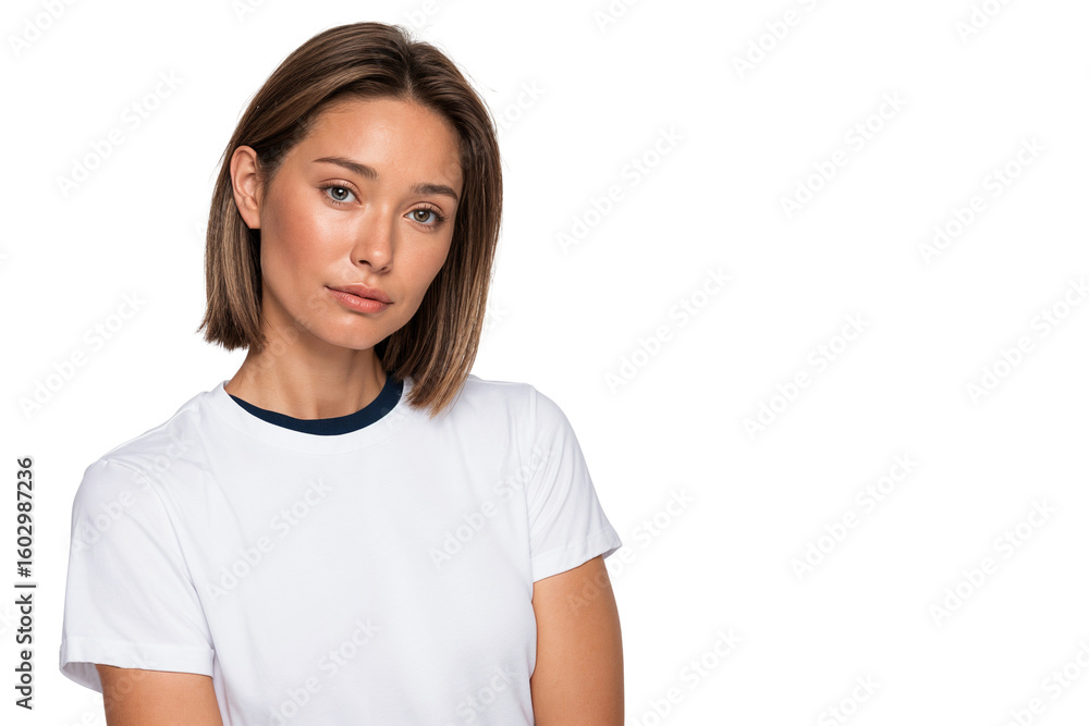Sad young woman with short brown hair and a serious expression, wearing a white t-shirt, looking directly at the camera Sad young woman with short brown hair and a serious expression, wearing a white t-shirt, looking directly at the camera