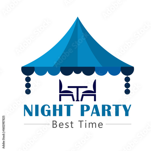 Elegant Night Party Logo Design Template – Outdoor Event, Tent, Table & Chairs Illustration, High-quality vector logo template featuring a stylish tent with a table and chairs under it