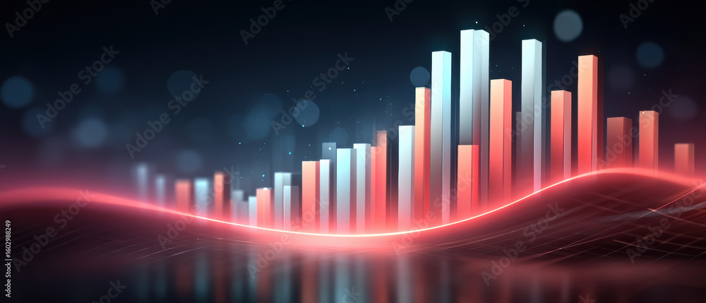 Obraz premium Digital bar chart with glowing red wave, futuristic data visualization, abstract financial graph, modern technology background, dynamic light