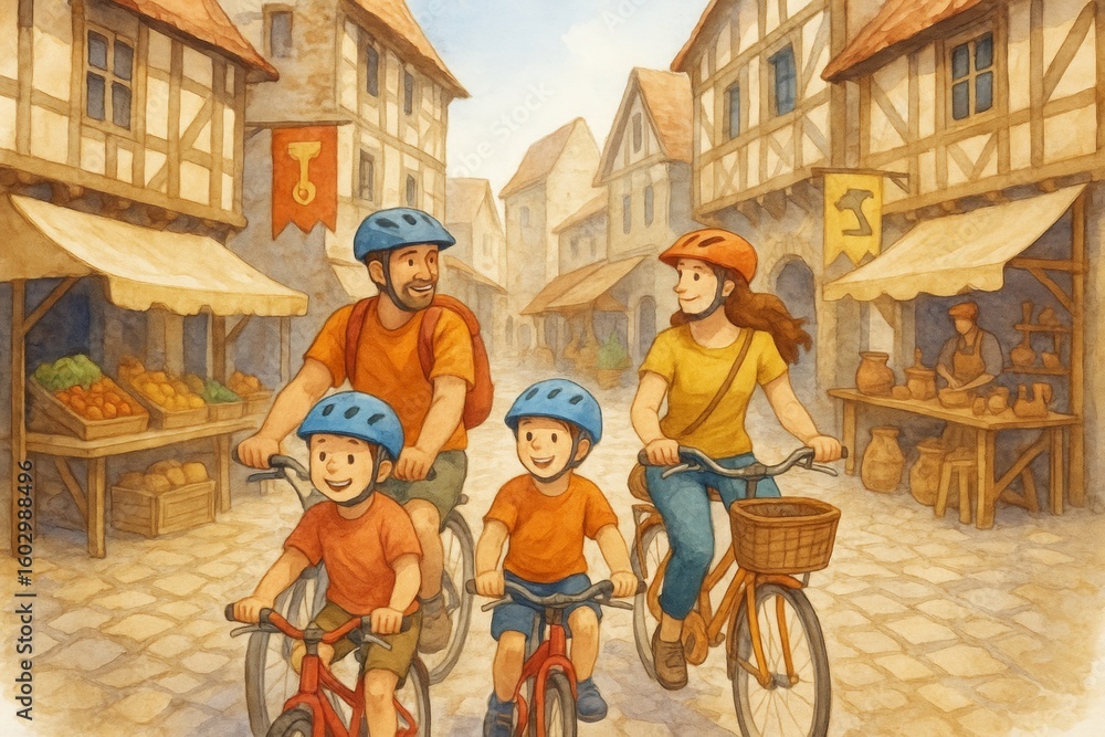 Fototapeta premium Cheerful family riding bicycles in a medieval-style village, watercolor style, cobblestone street and market background, concept of joyful travel