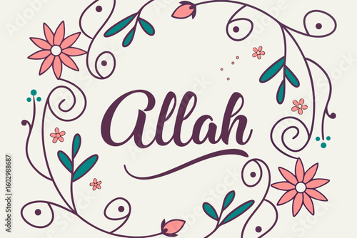 Illustration of allah text surrounded by floral elements with leaves and swirls on a light background