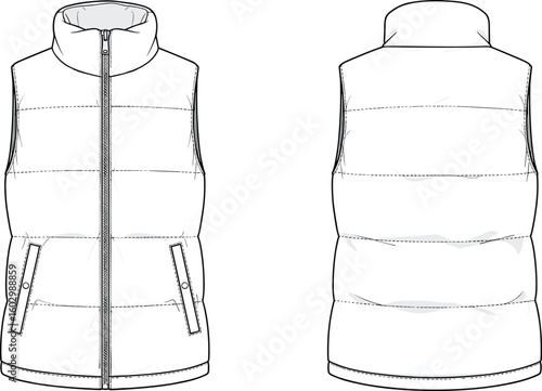 CAD drawing flat vector illustration of puffer sleeveless vest front and back view, technical fashion sketch, apparel design template